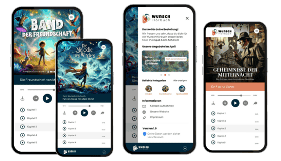 Lalabai® Hörbücher 28 Auf vier Smartphone-Bildschirmen werden Hörbuch-Interfaces von „WUNSCH Hörbuch“ in deutscher Sprache angezeigt. Auf den Bildschirmen werden unterschiedliche Hörbuchcover angezeigt: „Band der Freundschaft“, „Die Melodie des Windes“ und „Geheimnisse der Mitternacht“, jeweils mit Steuerelementen für die Wiedergabe und einer Titelliste. Perfekt für Ihre nächste Audio-Geschichte. Personalisierbare Hörbücher von lalabai