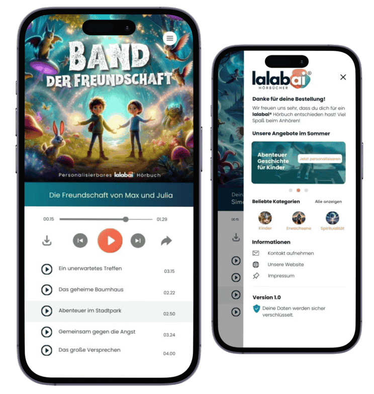Lalabai® Hörbücher 16 Auf einem Smartphone wird das Kinderhörbuch „Band der Freundschaft“ von lalabai angezeigt. Auf dem Hauptbildschirm erkunden zwei Kinder einen Zauberwald. Auf einem weiteren Bildschirm wird das Menü der lalabai-App mit Kategorien und Einstellungen angezeigt. Hier wird das Angebot personalisierter Hörbücher präsentiert, die sich perfekt als Last-Minute-Geschenk eignen. Personalisierbare Hörbücher von lalabai